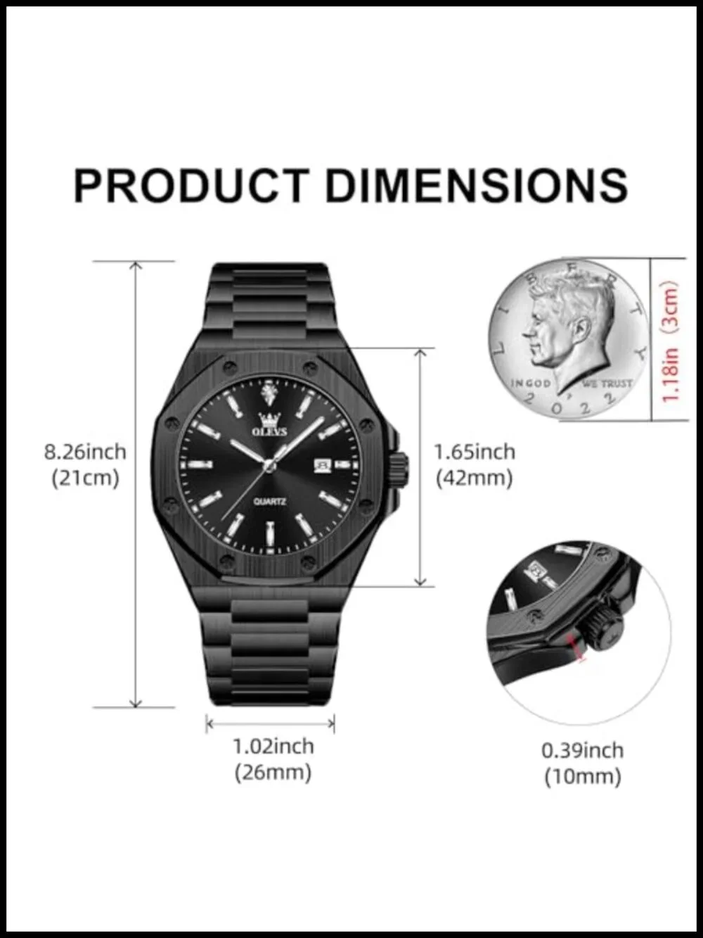 Mens Octagonal Quartz Dress Watch Stainless Steel Luminous Waterproof 42mm
